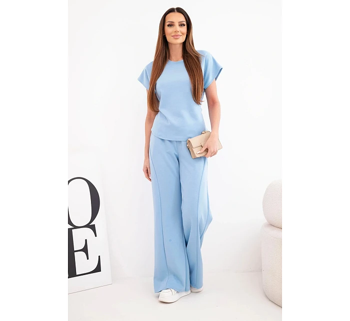 Dámský komplet z měkkého úpletu s halenkou s krátkým rukávem a širokými kalhotami modrý