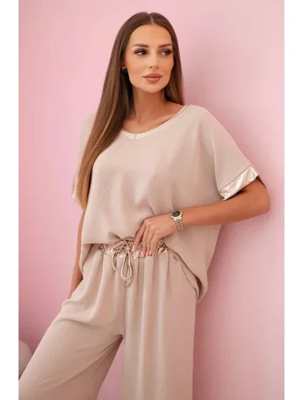 Viskózový komplet se zlatým lemováním tmavě béžová
