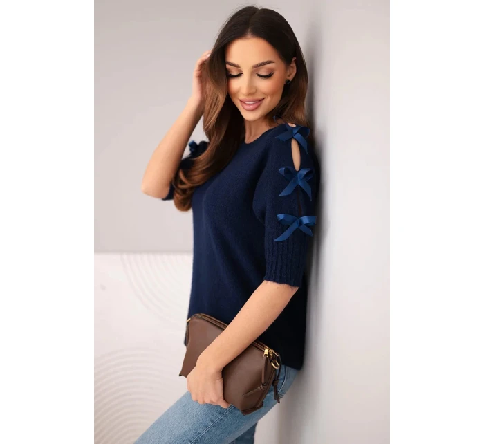 Dámský svetr s krátkým rukávem a ozdobnými mašlemi model 22010122 - K-Fashion