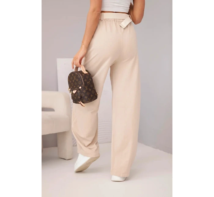 Dámské bavlněné kalhoty se širokou nohavicí a páskem béžové Dámské bavlněné kalhoty se širokou nohavicí a páskem béžové