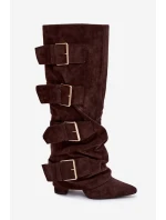Dámské kozačky na sloupku a zlatými přezkami – čokoládové Isavelle Dámské kozačky na sloupku a zlatými přezkami – čokoládové Isavelle