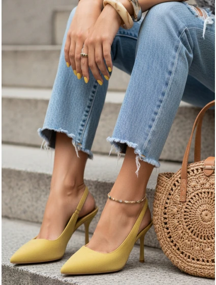 Dámské semišové jehlové boty s otevřeným podpatkem žluté FashionStreet ZY1383 Dámské semišové jehlové boty s otevřeným podpatkem žluté FashionStreet ZY1383