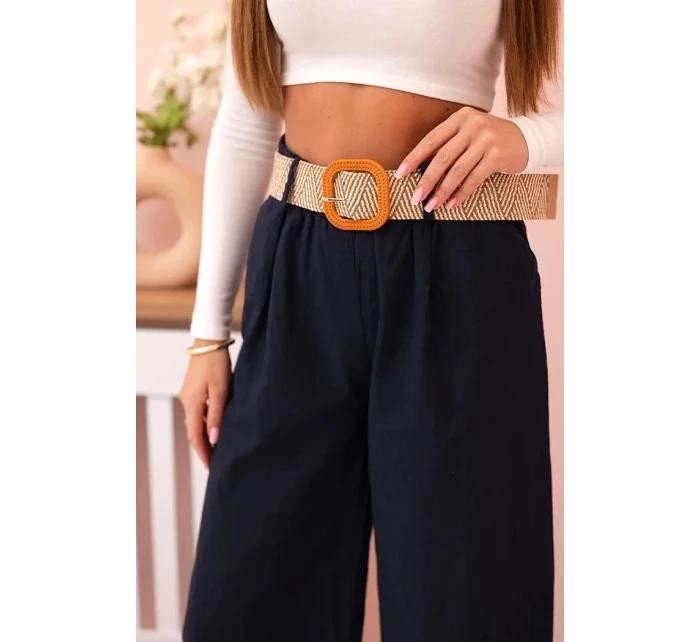 Dámské lněné kalhoty se širokými nohavicemi a páskem námořnická modř