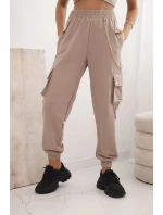 Dámské bavlněné cargo kalhoty s kapsami a řetízkem béžové