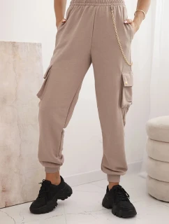 Dámské bavlněné cargo kalhoty s kapsami a řetízkem béžové