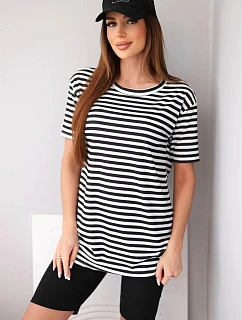 Dámský viskózový pruhovaný komplet s krátkým rukávem a šortkami černý