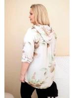 Dámská blůza Plus Size z viskózy s kapucí a květinovým vzorem béžová
