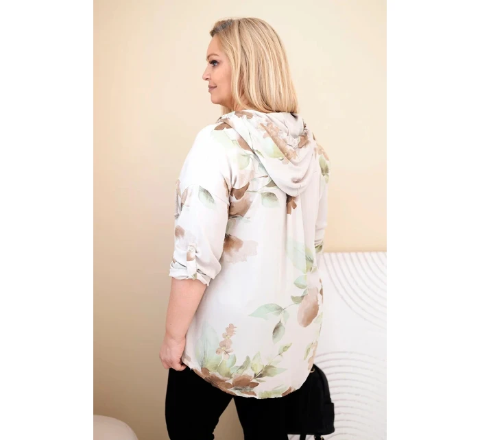 Dámská blůza Plus Size z viskózy s kapucí a květinovým vzorem béžová