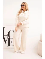 Dámská souprava model 21924584 Plus Size s širokými nohavicemi a límečkem béžová - K-Fashion