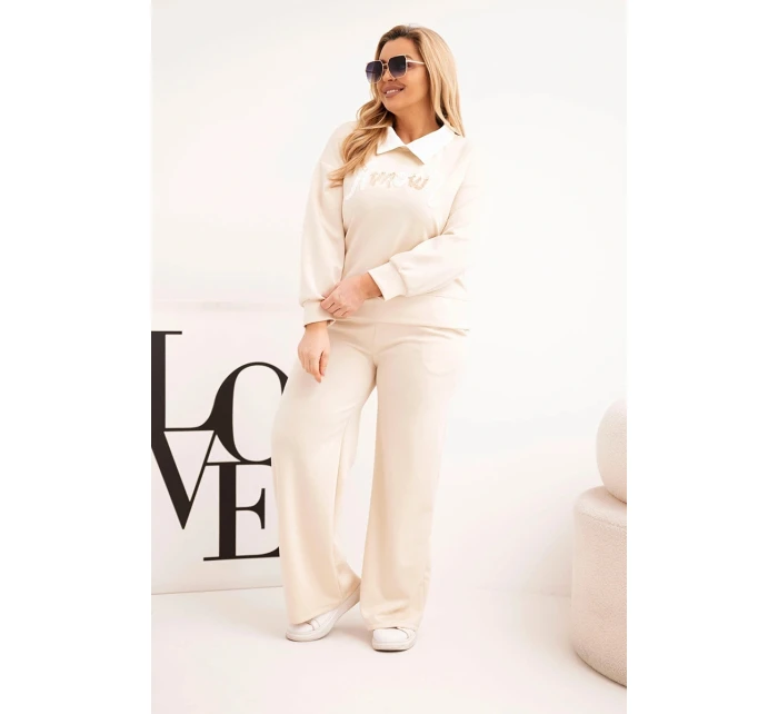 Dámská souprava model 21924584 Plus Size s širokými nohavicemi a límečkem béžová - K-Fashion