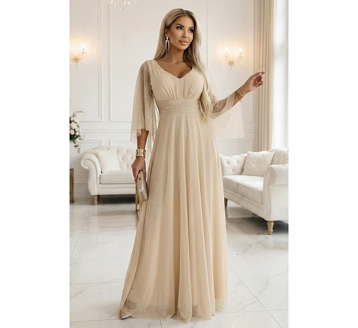 Dlouhé lehké třpytivé šaty 655-4 béžové - Numoco Dlouhé lehké třpytivé šaty 655-4 béžové - Numoco