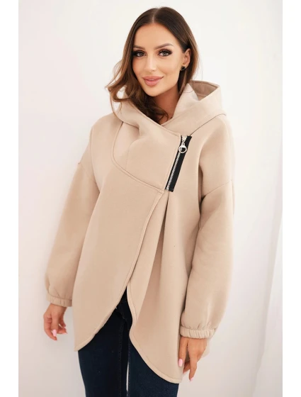 Dámská mikina s kapucí a asymetrickým zipem béžová