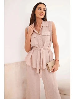 Dámský komplet s vázanou model 22104021 a širokými kalhotami pudrově růžová - K-Fashion