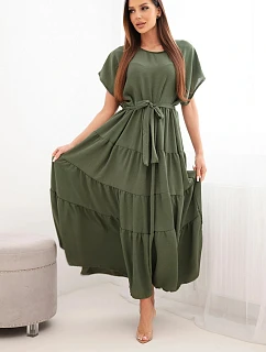 Dámské viskózové šaty s páskem a volánem s krátkým rukávem khaki