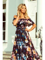 Dlouhé dámské černé šaty s barevnými květy a španělským výstřihem model 7118058