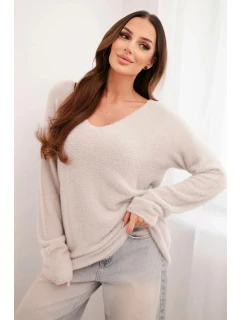 Dámský svetr z měkké pleteniny s výstřihem do V tmavě béžový