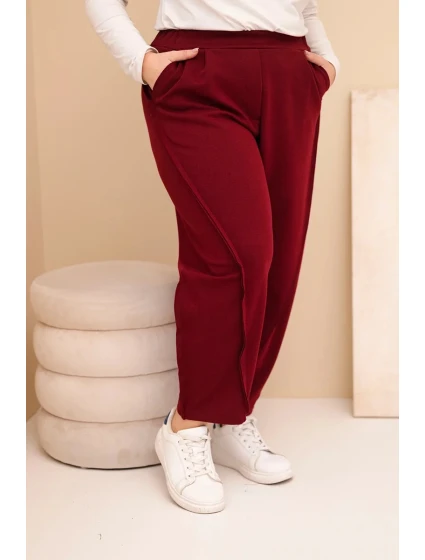 Dámské bavlněné kalhoty Plus Size volného střihu s vysokým pasem bordové