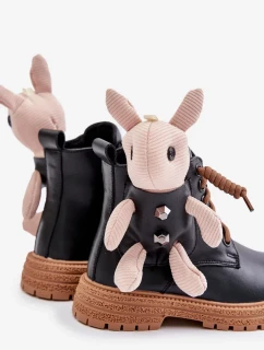 Kožené Zateplené Dětské Kotníkové Boty Na Zip S Medvídkem Vinceza Černé