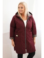 Dámská prošívaná bunda Plus Size s podšívkou v leopardím vzoru a kapucí bordová