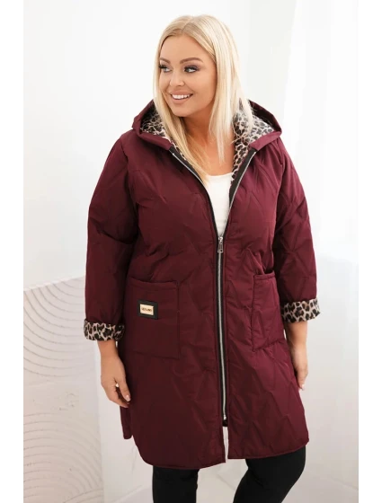 Dámská prošívaná bunda Plus Size s podšívkou v leopardím vzoru a kapucí bordová