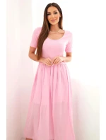 Dámské bavlněné midi šaty s krátkým rukávem a rozšířeným spodkem světle růžová