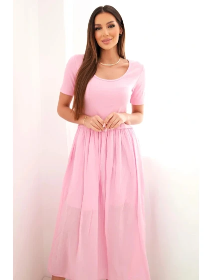 Dámské bavlněné midi šaty s krátkým rukávem a rozšířeným spodkem světle růžová