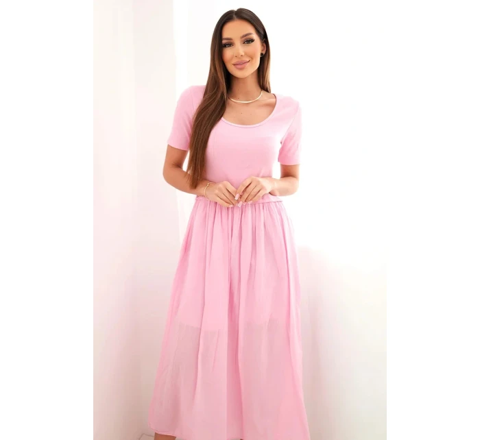 Dámské bavlněné midi šaty s krátkým rukávem a rozšířeným spodkem světle růžová