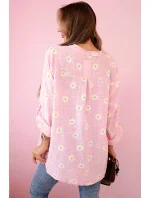 Lněná dámská halenka s květinovým vzorem, dlouhými rukávy a knoflíky Cukrová růžová Lněná dámská halenka s květinovým vzorem, dlouhými rukávy a knoflíky Cukrová růžová