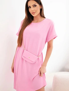 Dámské šaty s krátkým rukávem a kabelkou na řetízku bonbónově růžová
