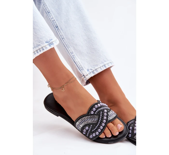 Ozdobené pantofle na nízkém podpatku Černé Dovima