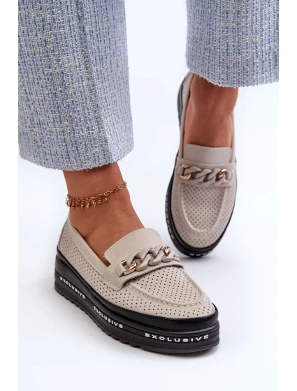 Dámské Kožené mokasíny Na Platformě S řetízkem S.Barski béžová Dámské Kožené mokasíny Na Platformě S řetízkem S.Barski béžová