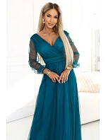 664-2 Dlouhé maxi šaty s tylovými rukávy a obálkovým výstřihem - lahvově zelené 664-2 Dlouhé maxi šaty s tylovými rukávy a obálkovým výstřihem - lahvově zelené