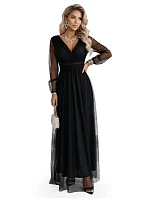 664-3 Dlouhé maxi šaty s tylovými rukávy a obálkovým výstřihem - černé 664-3 Dlouhé maxi šaty s tylovými rukávy a obálkovým výstřihem - černé