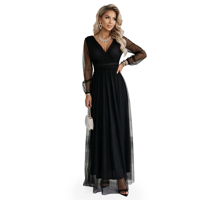 Dlouhé maxi šaty s rukávy a obálkovým výstřihem černé model 22045481 - numoco basic
