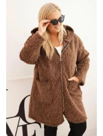 Dámský kabát Plus Size z viskózy na zip s kapucí hnědý