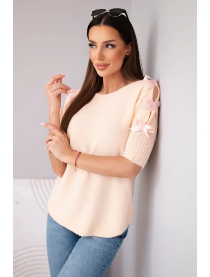 Dámský svetr s krátkým rukávem a ozdobnými mašličkami model 21961304 - K-Fashion