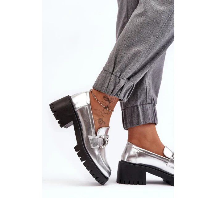 Dámské kožené boty s robustními vysokými podpatky, stříbrná Lemmitty