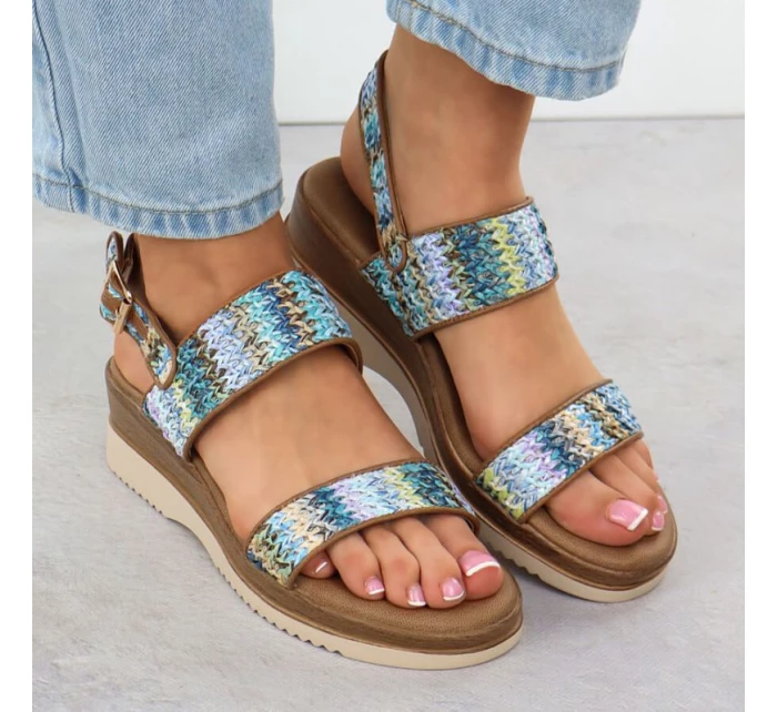 Dámské sandály na podpatku modré pletené Potocki 45302