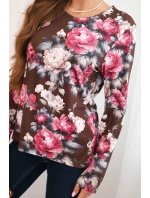 Dámská halenka z viskózy s květinami a dlouhým rukávem čokoládová