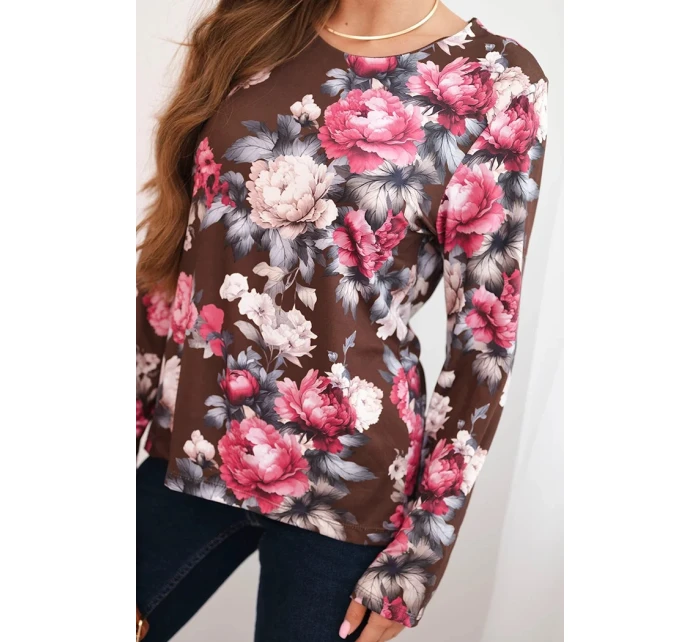 Dámská halenka z viskózy s květinami a dlouhým rukávem čokoládová