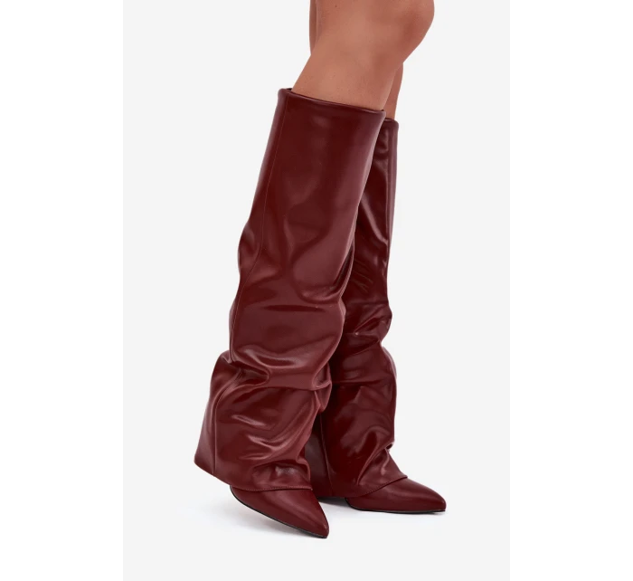 Zateplené dámské kozačky s vytočeným horním lemem na podpatku bordó Elivira