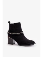 Zateplené Dámské Kotníkové Boty Na Podpatku S Řetízkem Eko Semišové Černé Hanalen