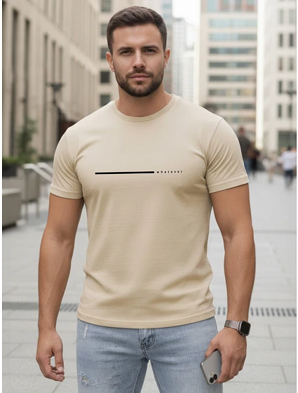 Tshirt męski bawełniany z napisem beżowy model 22305482 - FashionStreet