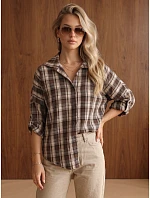 Dámská bavlněná košile s hnědým kostkovaným vzorem FashionStreet DY0511 Dámská bavlněná košile s hnědým kostkovaným vzorem FashionStreet DY0511