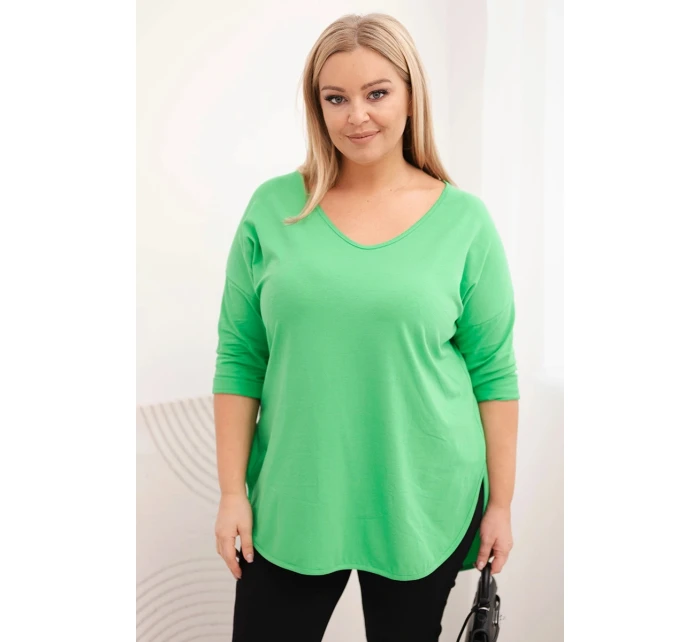 Dámská bavlněná blůza Plus Size s výstřihem do V a ohrnutým rukávem světle zelená Dámská bavlněná blůza Plus Size s výstřihem do V a ohrnutým rukávem světle zelená