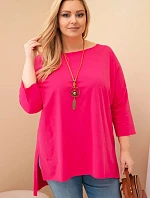 Dámská bavlněná blůza Plus Size asymetrická s náhrdelníkem fuchsiová