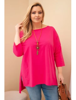 Dámská bavlněná blůza Plus Size asymetrická s náhrdelníkem fuchsiová