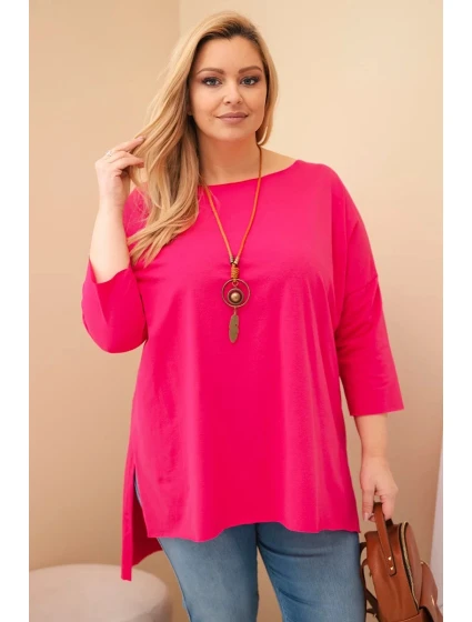 Dámská bavlněná blůza Plus Size asymetrická s náhrdelníkem fuchsiová