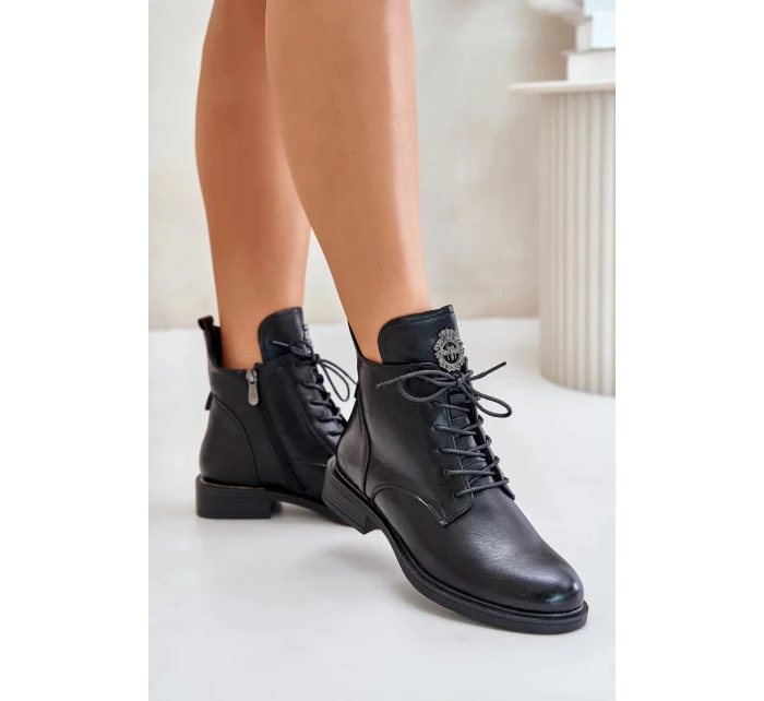 Zateplené Kotníkové Boty Na Ploché Podpatku S Ozdobou Černé Leonise