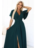 dlouhé šaty s rozparkem na rukávy a výstřihem lahvově zelené model 21291970 - numoco